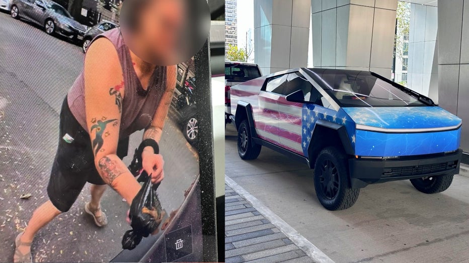 Combo image: Woman captured wiping dog poop on Cybertruck, image of car