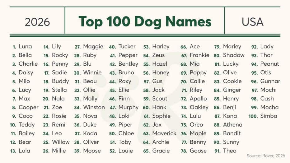 Chicago's top cat and dog names of 2026 | FOX 32 Chicago