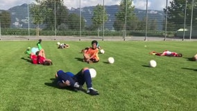 Youth soccer players practice dramatic diving, screaming in 'Neymar' drill