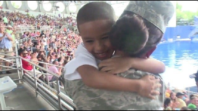 Military mom surprises son during show at SeaWorld