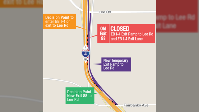 Eastbound I-4 exit ramp to Lee Road shifts one-half mile sooner