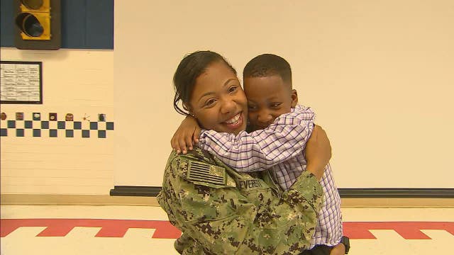 Military mom surprises son during school's Military Child Appreciation assembly in Fairfax County