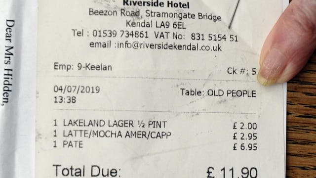 Elderly couple shocked by waitress' 'appalling' message on receipt