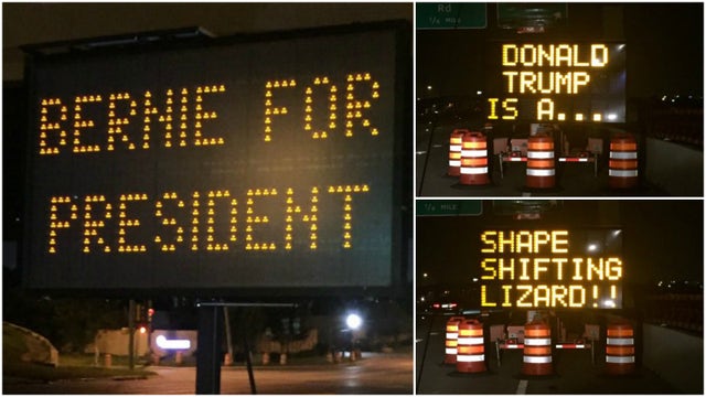 Hacked construction signs call Trump a 'shape shifting lizard'