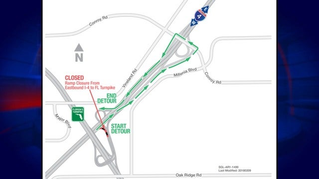 Eastbound I-4 exit ramp to Florida's Turnpike is closing nightly