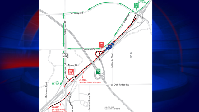 Stretch of I-4 between Conroy and Kirkman Road to close