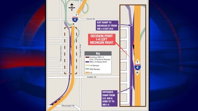 Traffic shift of Westbound I-4 exit ramp to Michigan Street takes place