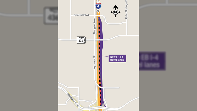 Eastbound lanes I-4 near Maitland closing on Sunday night for lane shift