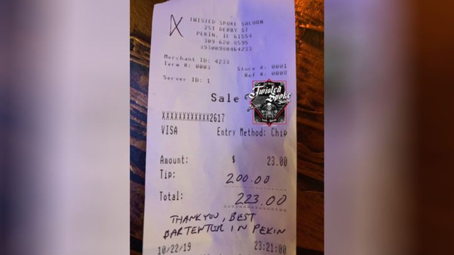 Bartender surprised with tip nearly 10 times larger than the bill