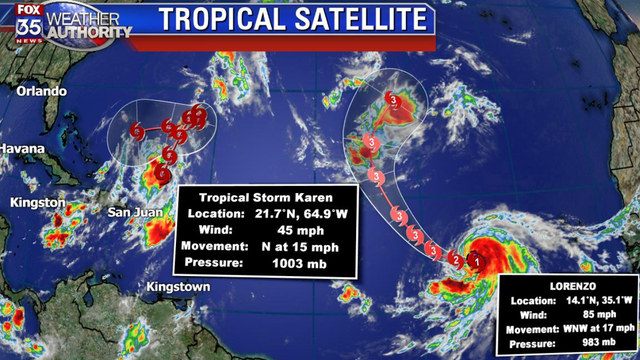 Tropical Storm Karen continues on crazy path, Lorenzo to become Cat 3 hurricane