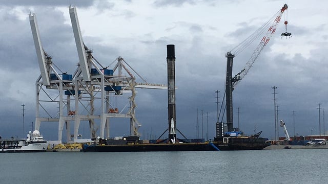 Falcon 9 rocket from recent SpaceX mission arrives at Port Canaveral