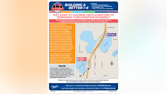 Major changes coming to Colonial Drive exit on I-4 westbound this weekend
