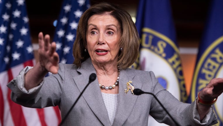 UNITED STATES - DECEMBER 12: Speaker of the House Nancy Pelosi, D-Calif., conducts her weekly news conference in the Capitol Visitor Center on Thursday, December 12, 2019. (Photo By Tom Williams/CQ-Roll Call, Inc via Getty Images)