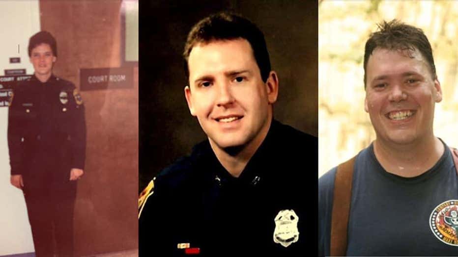 Early in their careers: (left) Major Burke, circa 1991, then with Fulton County Police; (center) Bruce, then with Dekalb Police, circa 1985; (right) Danny, circa 2004, DeKalb County Fire Rescue.