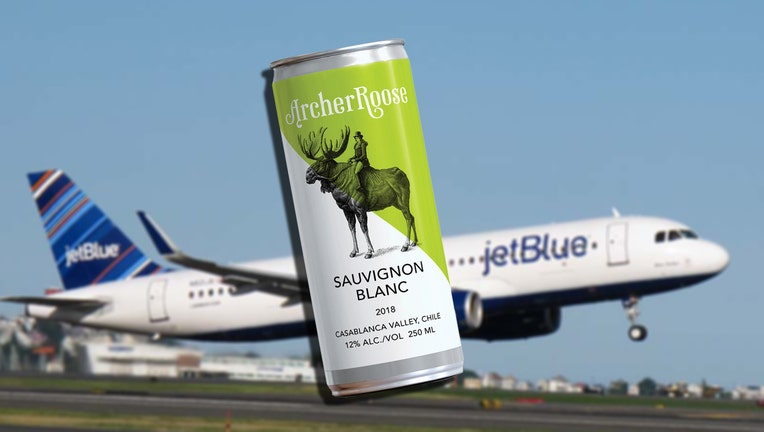 55349d3b-Travelers can purchase cans of Archer Roose wine on all JetBlue flights.