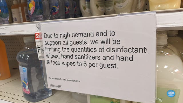 Target limiting quantities of hand sanitizers, disinfectant wipes per customer