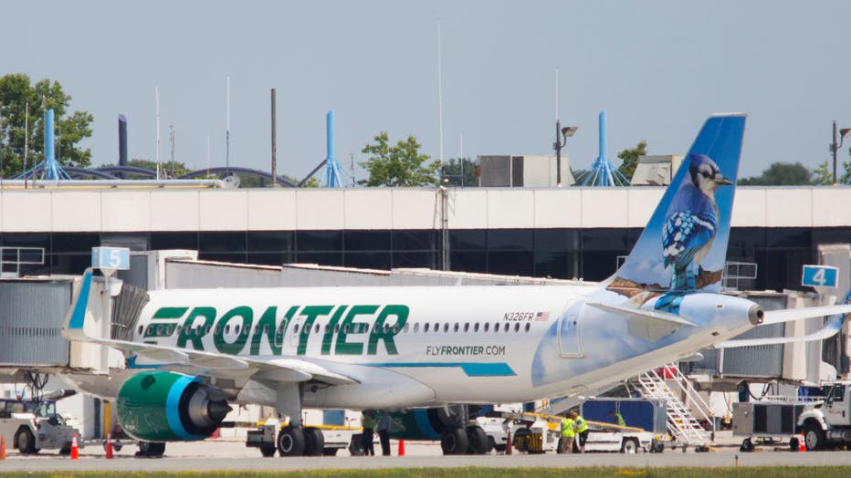 Frontier Airlines first ever flight to Portland International Airport.