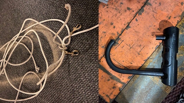 Entrances to police precinct shut from outside by rope and U-lock