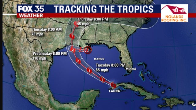 Laura expected to strengthen into Category 2 hurricane, Marco now tropical depression