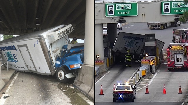 Semi-truck fails to slow down, strikes car and toll plaza on the Florida Turnpike