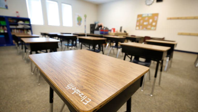 FILE - A student's name is written on a desk at Freedom Preparatory Academy on Aug. 13, 2020 in Provo, Utah. (Photo by George Frey/Getty Images)
