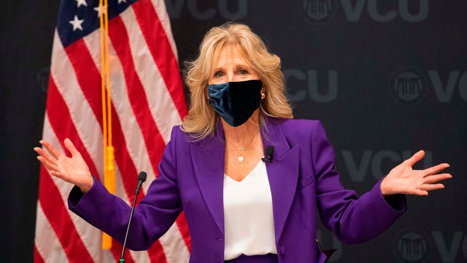 FILE - First lady Jill Biden speaks before a panel discussion on cancer research and care at the Massey Cancer Center at Virginia Commonwealth University in Richmond, Virginia on Feb. 24, 2021. (Photo by RYAN M. KELLY/AFP via Getty Images)