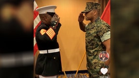 Marine father giving emotional first salute to son as commissioned officer goes viral