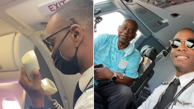 Pilot tearfully announces 'VIP' passenger onboard is his father, on his first flight with him at the controls