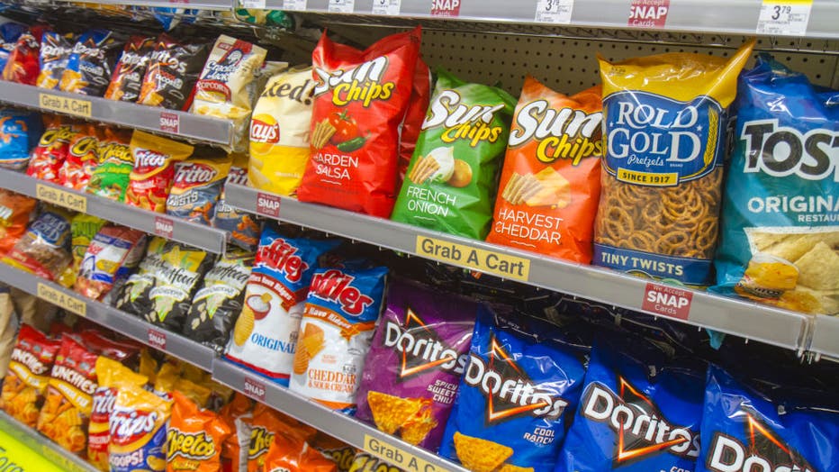 Shelves of snacks for sale inside Walgreens at Cocoa Beach.