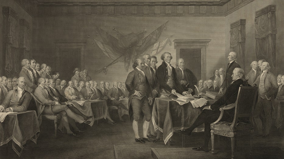 An engraving showing the Founding Father presenting the Declaration of Independence
