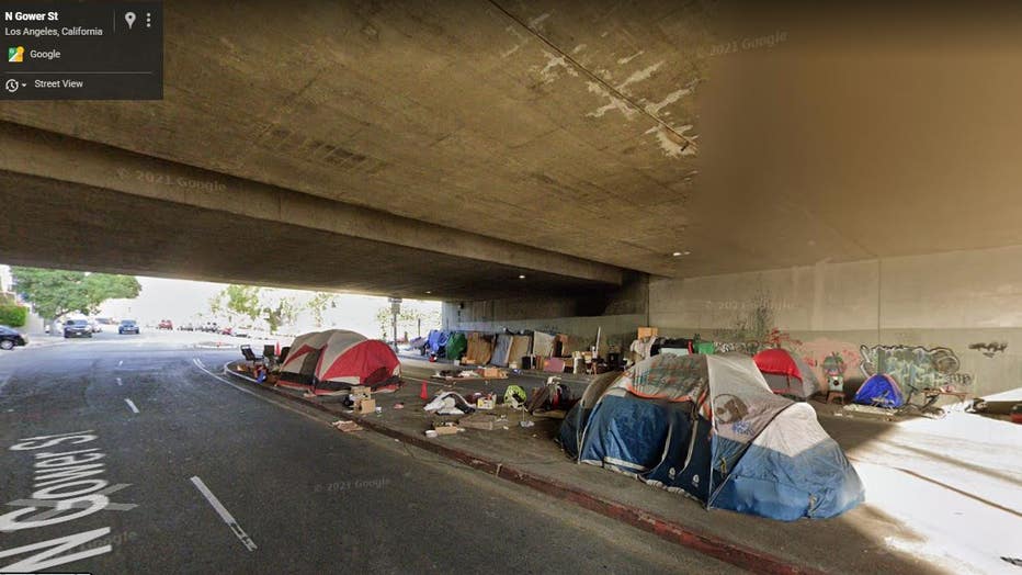 homeless encampment under 101 Freeway North Gower Street