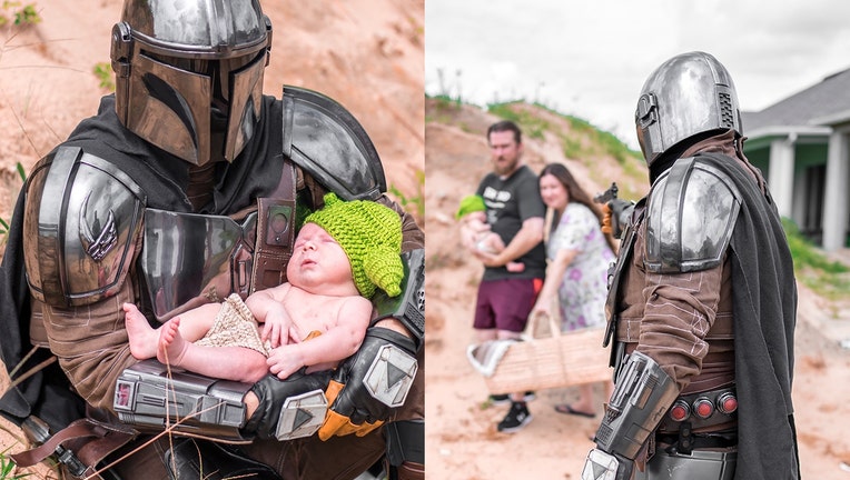 mandalorian florida couple newborn baby photoshoot yoda