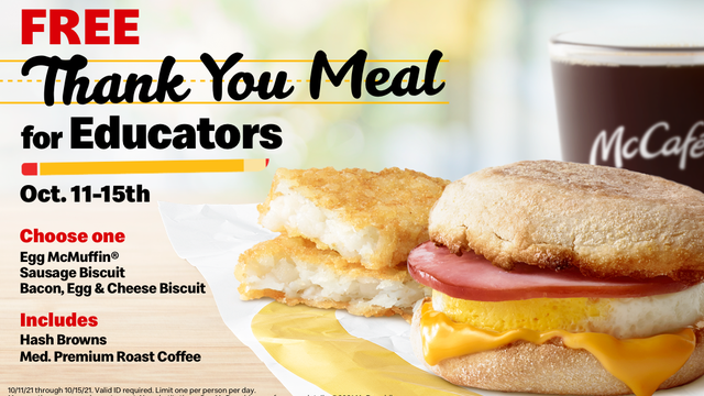 McDonald's thanks educators with free meals Oct. 11-15