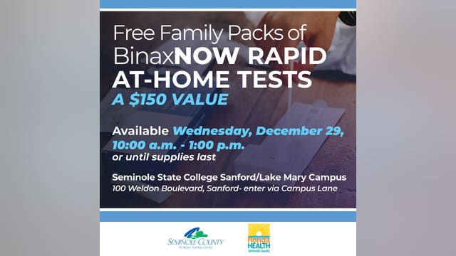 Free COVID rapid at-home tests to be given out Wednesday in Seminole County
