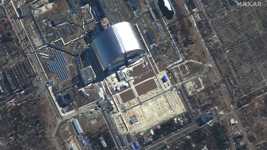 RUSSIANS INVADE UKRAINE -- MARCH 10, 2022:  17 Maxar satellite imagery closeup of Chernobyl Nuclear Power Plant in Ukraine.  10mar2022_wv2.   Please use: Satellite image (c) 2022 Maxar Technologies.