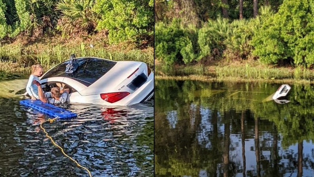 Daytona Beach firefighters pull woman from car in pond seconds before it sinks