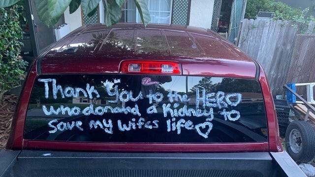 Florida man finds kidney donor for wife after writing message on window of truck