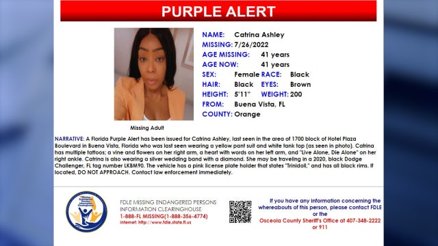 Purple Alert issued for missing Central Florida woman Catrina Ashley last seen leaving work early