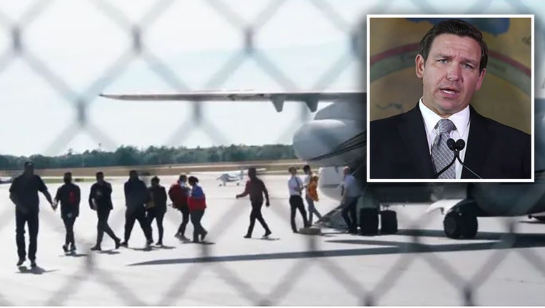 Photo: Insert image of Florida Gov. Ron DeSantis over photo of undocumented immigrants arriving at Martha's Vineyard Airport in Massachusetts on Sept. 14, 2022.