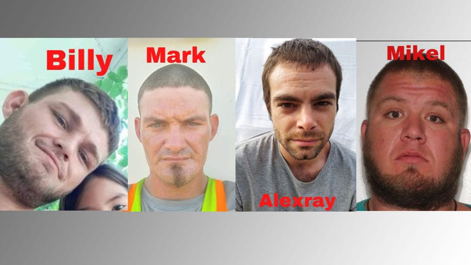 Billy Chastain, 30, Mark Chastain, 32, Alex Stevens, 29, and Mike Sparks, 32, are pictured in provided images by police. (Credit: Okmulgee Police Department)