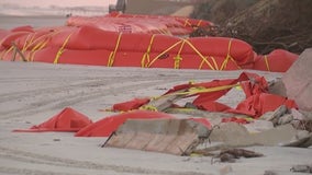 Section of vandalized temporary seawall still down in hurricane-battered Daytona Beach Shores
