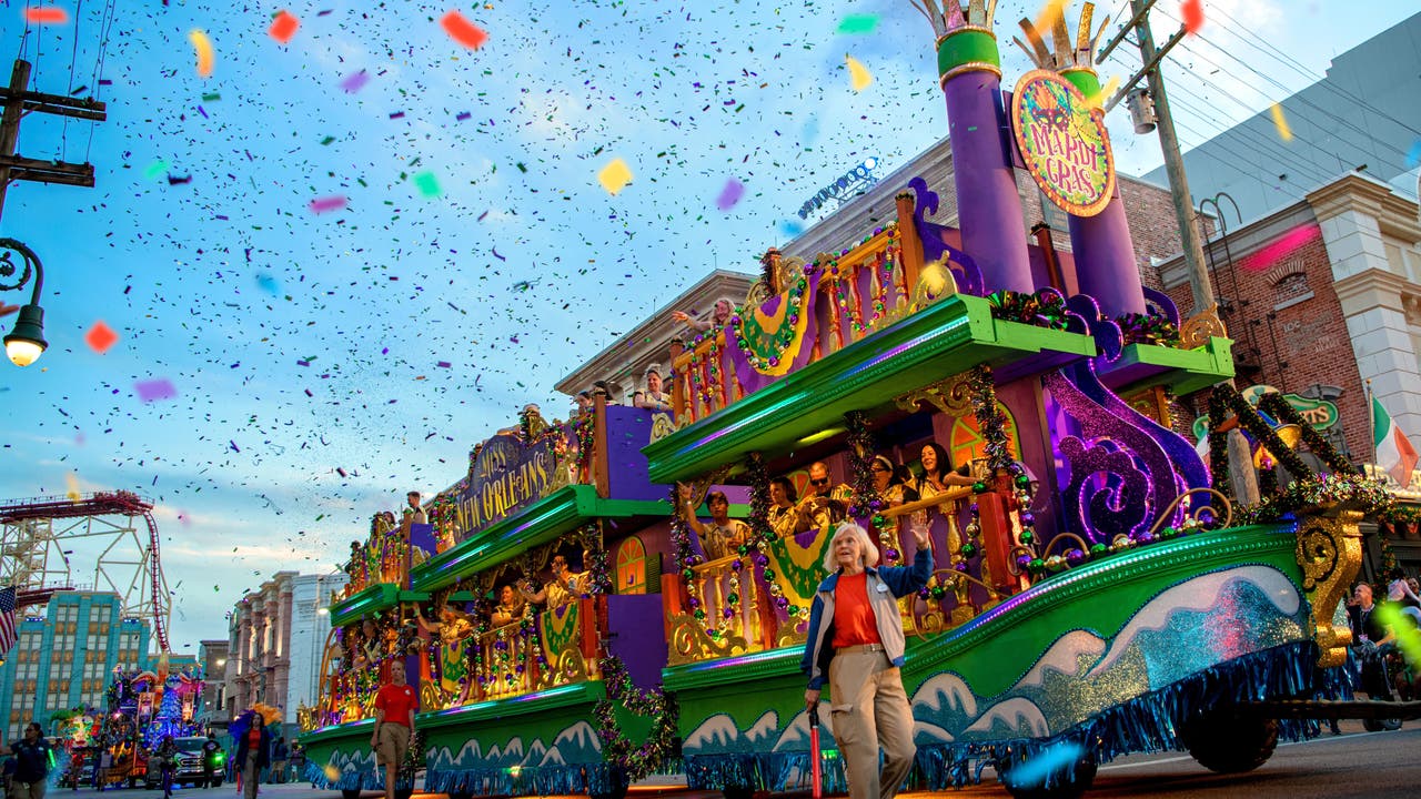 Universal Orlando Mardi Gras 2023 Celebration Concerts, food festival, parade floats, and tribute store