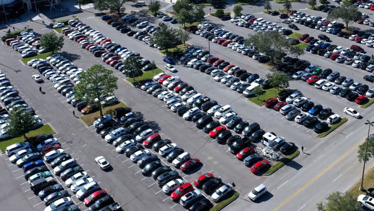 (EDITORS NOTE: image taken with a drone) A parking lot is