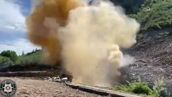 Wild video shows ice bridge explode over river