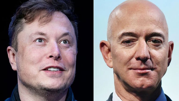 (COMBO) This combination of file photos shows SpaceX founder Elon Musk in Washington, DC, on March 9, 2020; and Blue Origin founder Jeff Bezos in Washington, DC, on Oct. 22, 2019. (Photo by BRENDAN SMIALOWSKI,MANDEL NGAN/AFP via Getty Images)