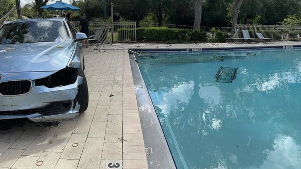 Video: 1 hospitalized after vehicle drives through Florida apartment gate near pool