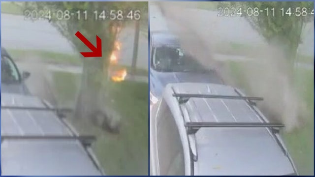 WATCH: Possible lightning bolt causes spark, dirt explosion outside Florida home