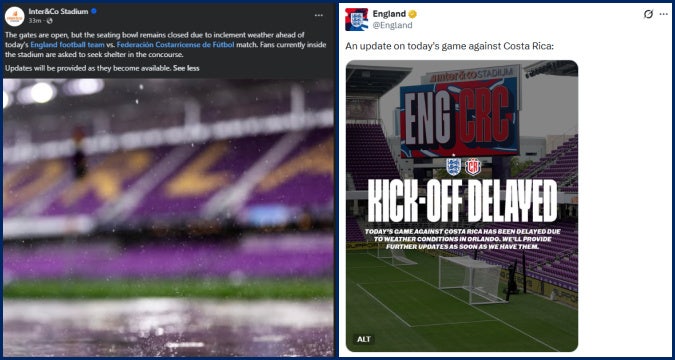 England v. Costa Rica game: Kick-off delayed due to weather
