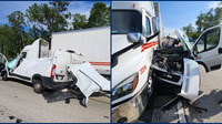 Van crushed after hitting parked semi-truck; no one seriously hurt, FHP says