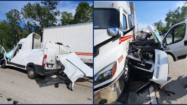 Van crushed after hitting parked semi-truck; no one seriously hurt, FHP says